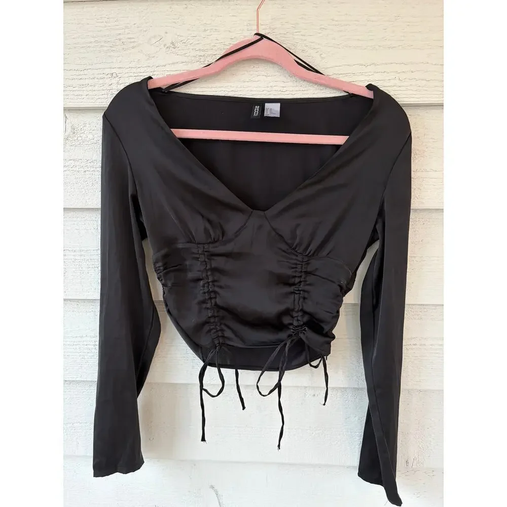 H&M Black Ruched Corset Top Long Sleeve V Neck Tie Front Blouse Size M